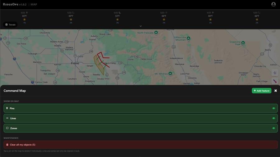 Command map with pins, lines and zones shared across an org